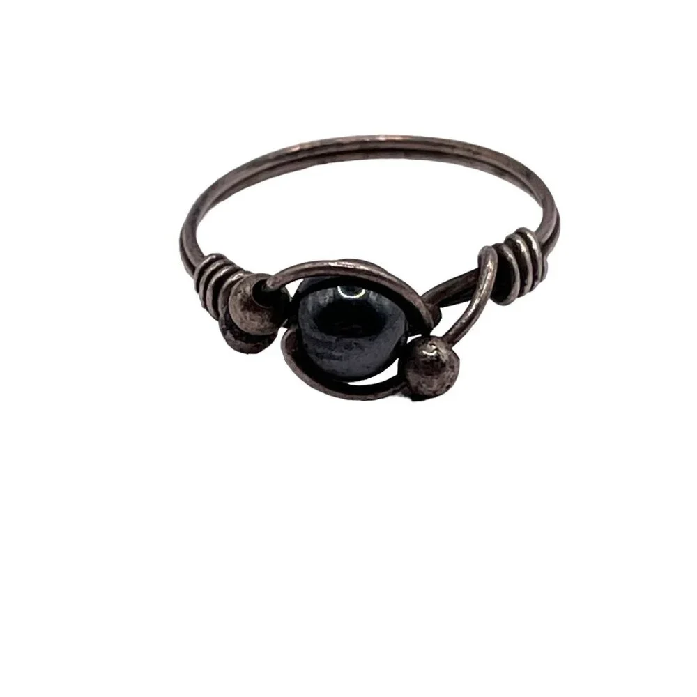 Hematite Sterling Silver Wire Wrapped Ring Size 7.75 Artisan Modernist Brutalist